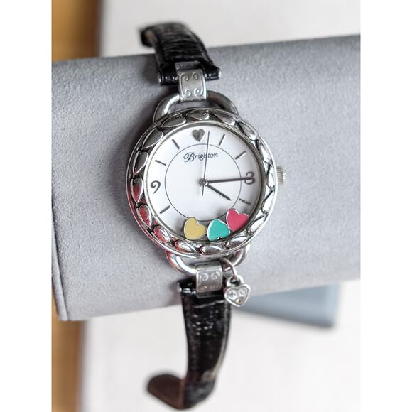 Brighton Corvina Watch Rare Colorful Floating Hearts Black Leather Band Works - Picture 1 of 8